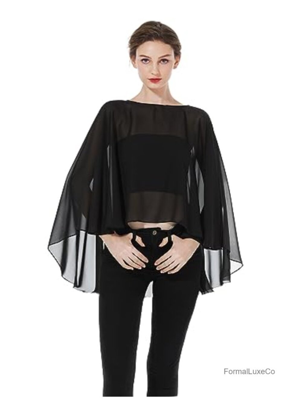Womens High Low Chiffon Poncho Cape Shawl Wrap for Evening Bridal Wedding